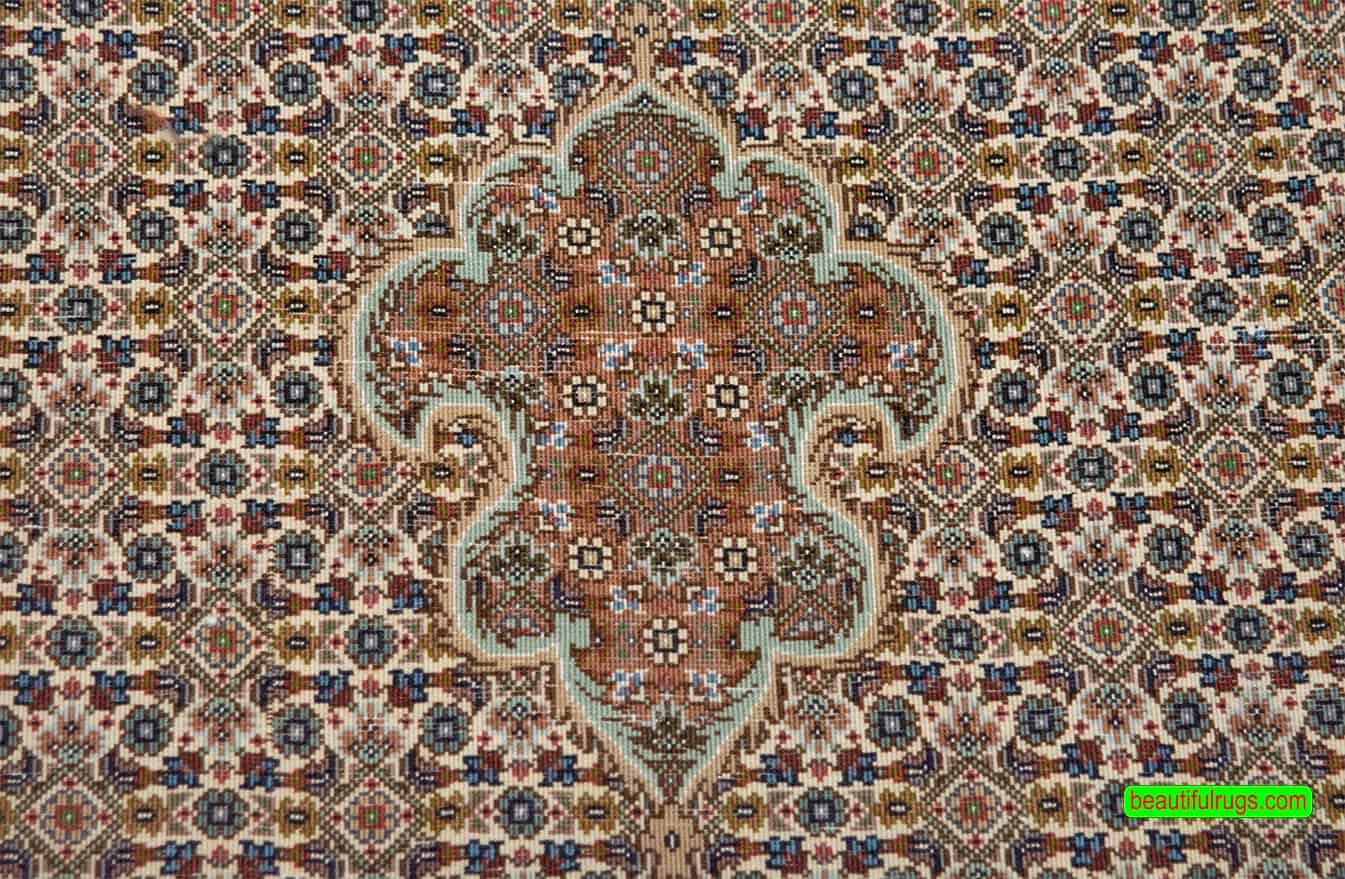 Handmade Persian Tabriz wool and silk rug with medallion in beige and green colors. Size 6.9x10.