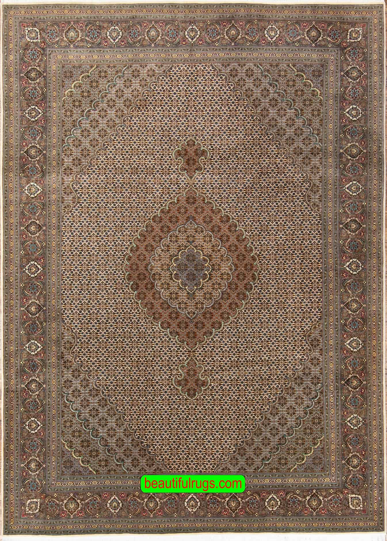Handmade Persian Tabriz wool and silk rug with medallion in beige and green colors. Size 6.9x10.