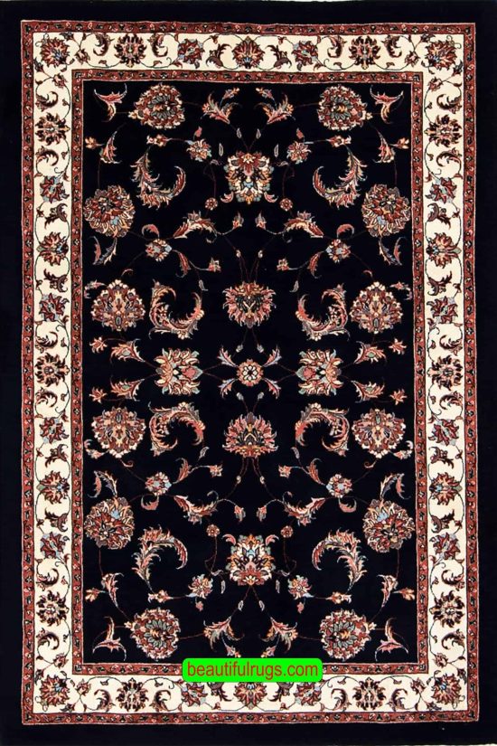 A Thick hand knotted Persian Bijar wool and silk rug in dark blue and white colors. Size 3.6x5.1.