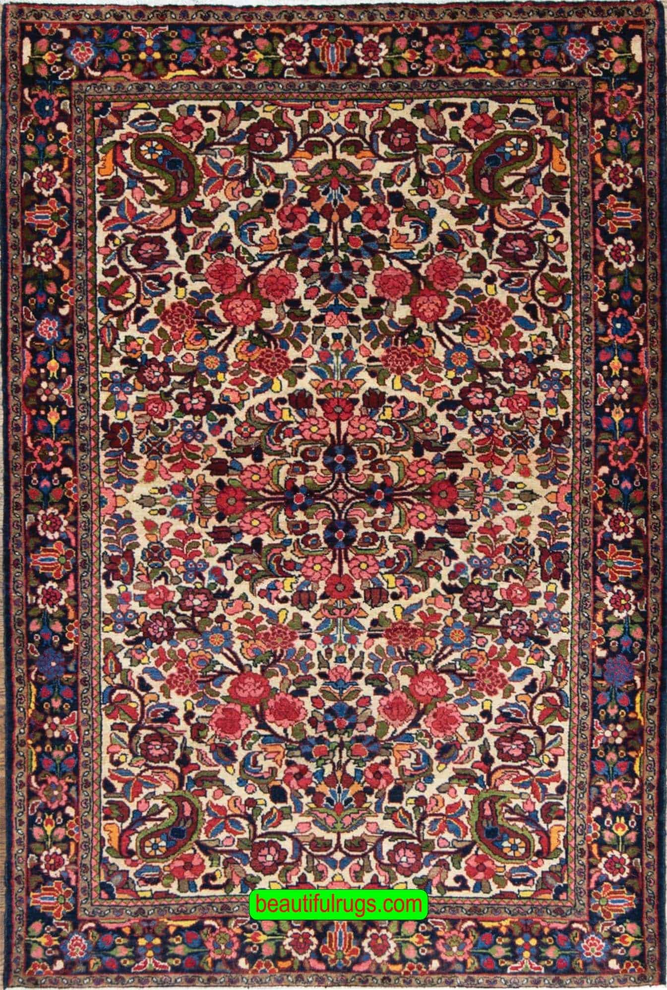 Handmade Persian colorful rug, wool Persian Borchalo rugs in beige background color. Size 4.8x7.