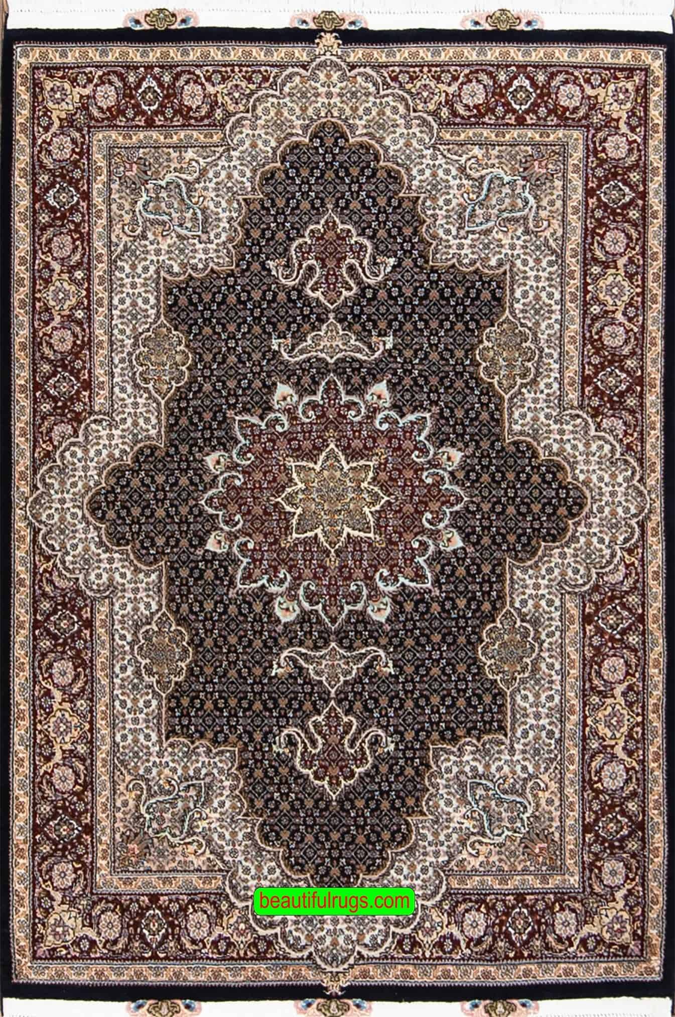 Handmade Persian Tabriz accent rug made of wool and silk with black and mahogany colors. Size 3.6x5.