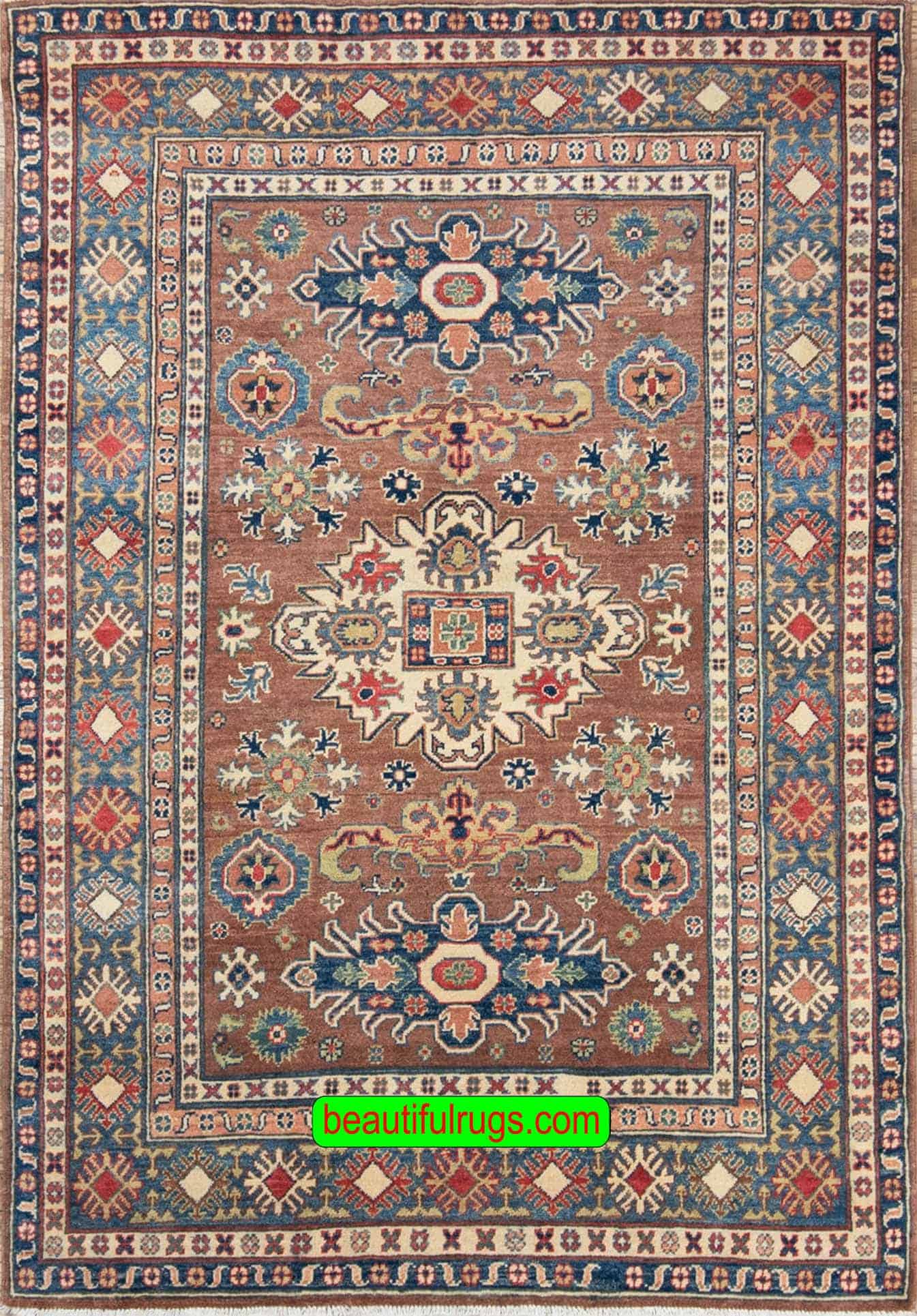 Handmade Pakistani oriental rug with Caucasian Kazak design in brown color. Size 4x6.10.