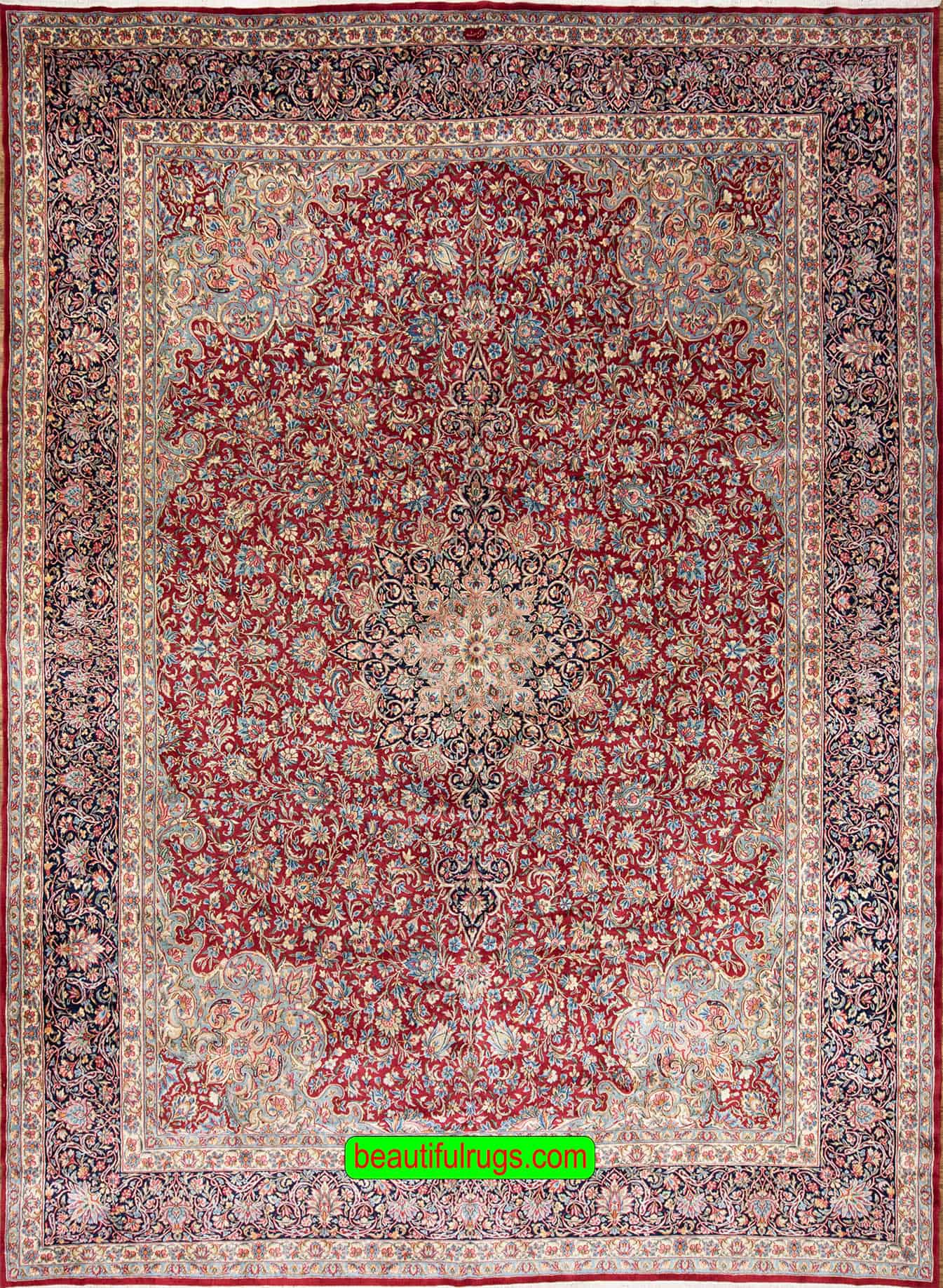 Persian rug 12x15, beautiful hand knotted Persian Kerman wool rug in red and navy-blue colors.