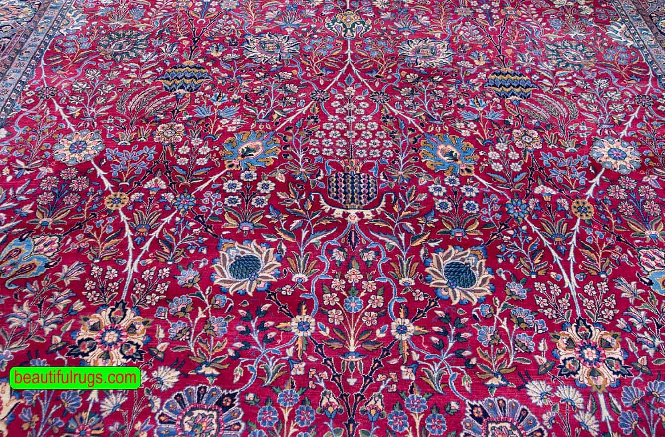 Beautiful antique Persian Kerman rug in red and blue color, unique design. Size 11.2x18.6.