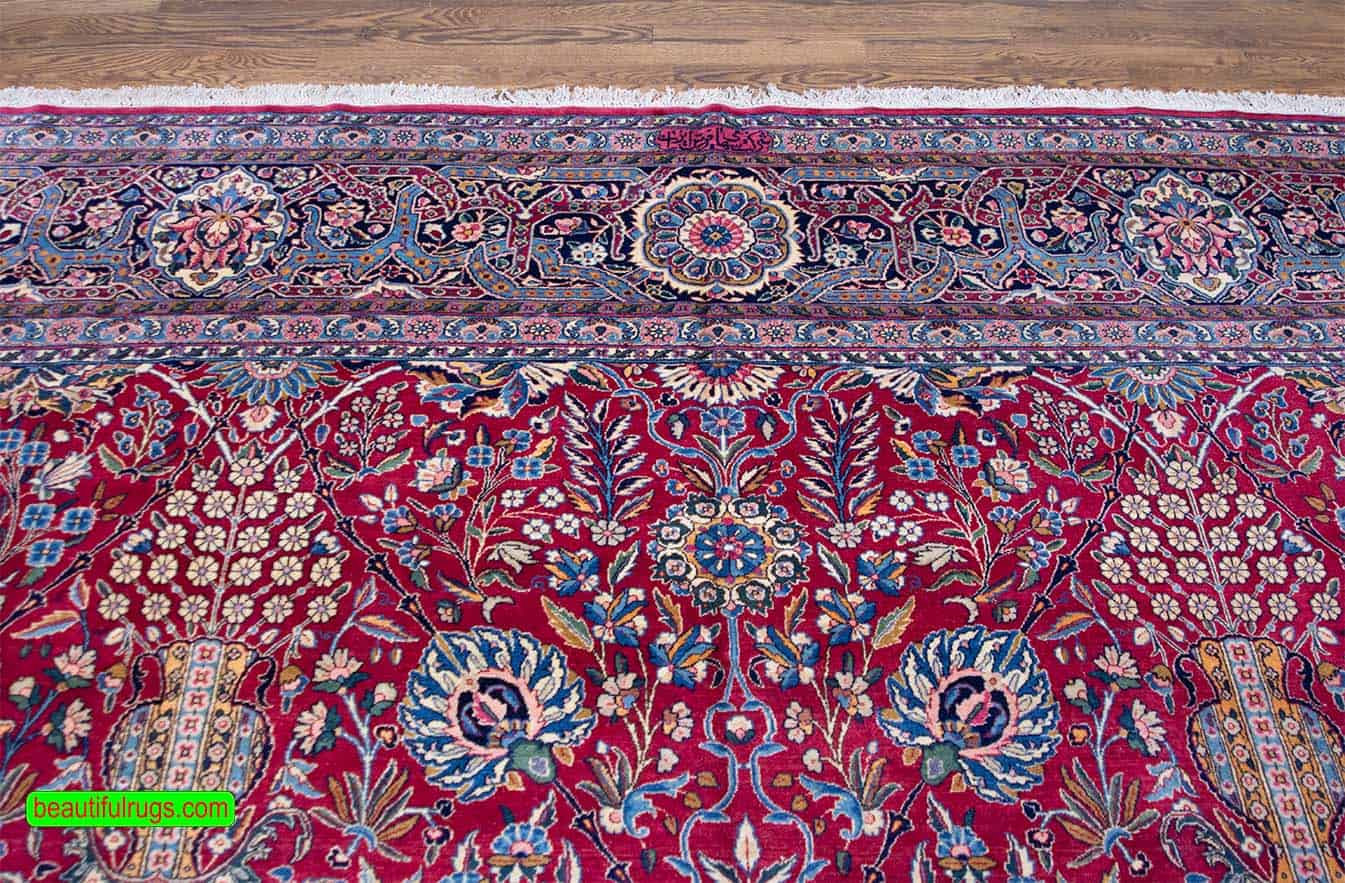 Beautiful antique Persian Kerman rug in red and blue color, unique design. Size 11.2x18.6.