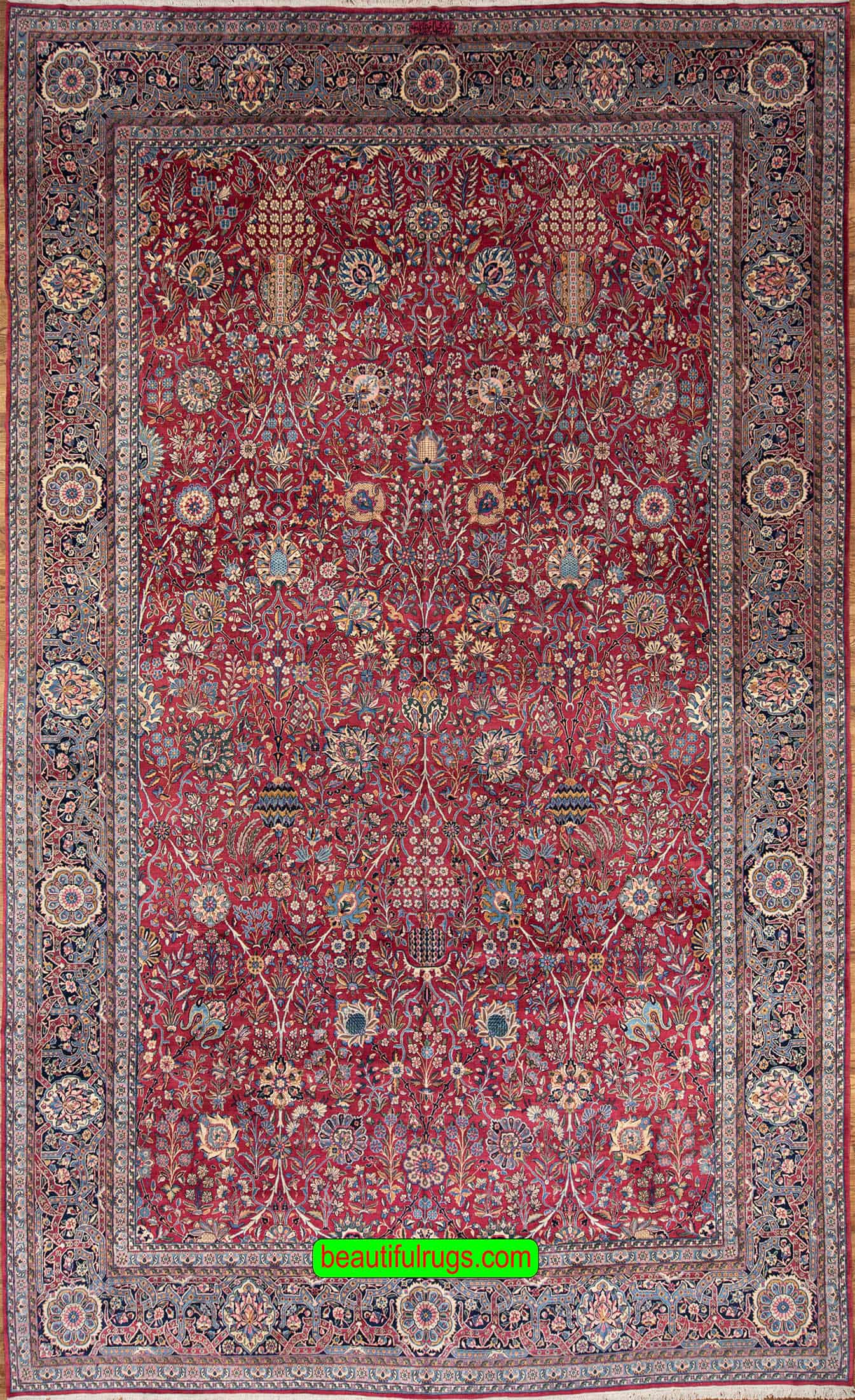 Beautiful antique Persian Kerman rug in red and blue color, unique design. Size 11.2x18.6.