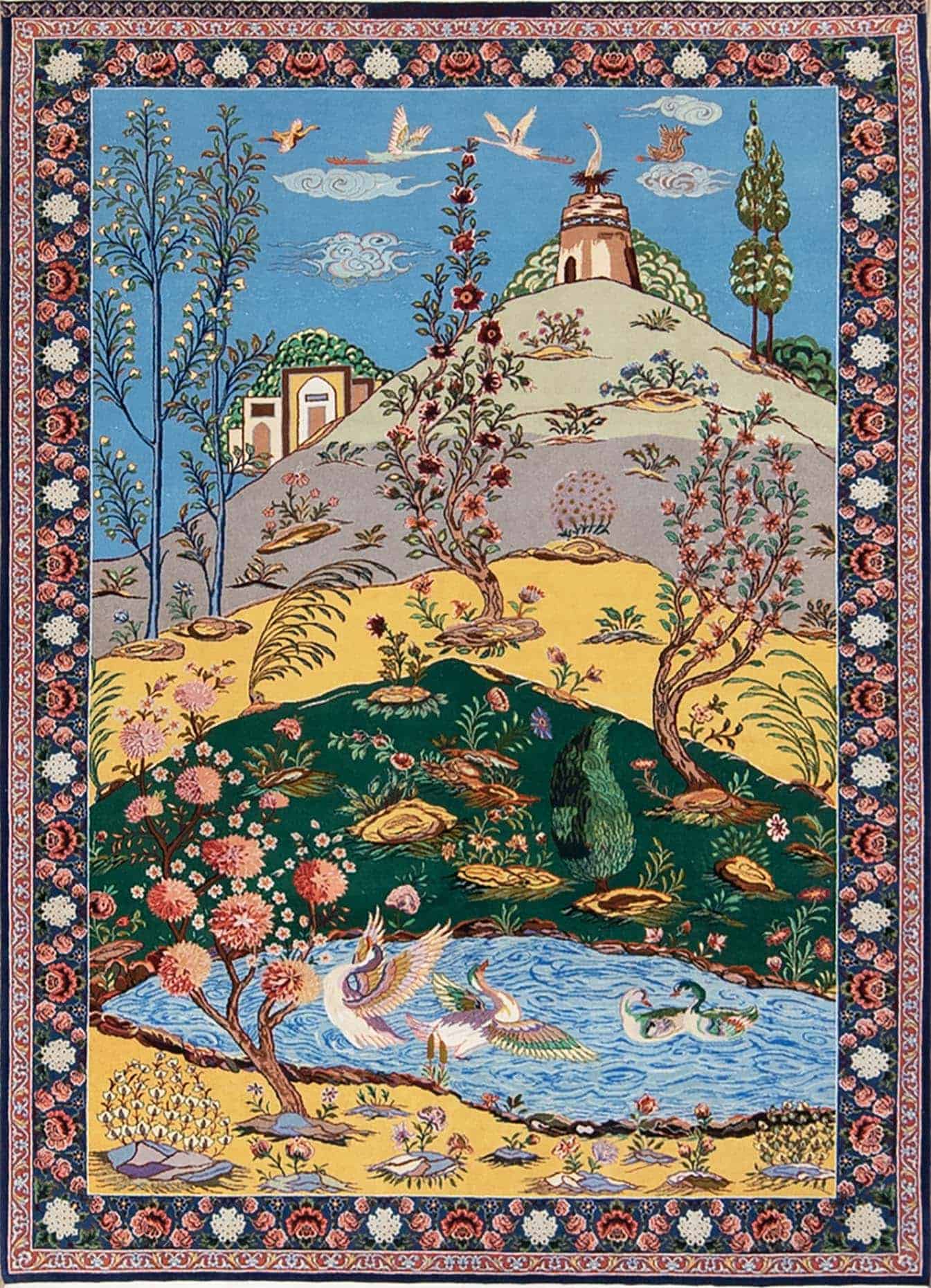A beautiful handmade Persian Isfahan multicolor scenic style rug by the Iconic weaver Haghighi. Size 4x5.5.