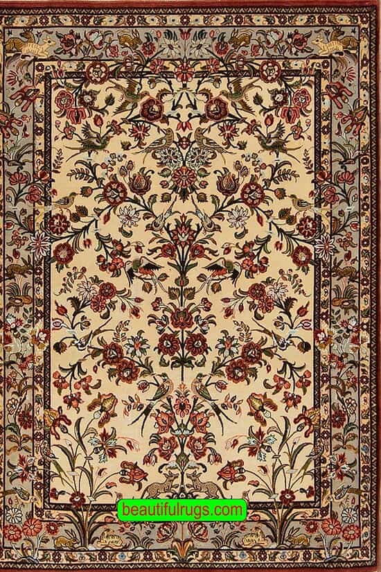 Handmade Persian Qum wool and silk rug in pastel color, tree of life design with birds. Size 3.5x5.