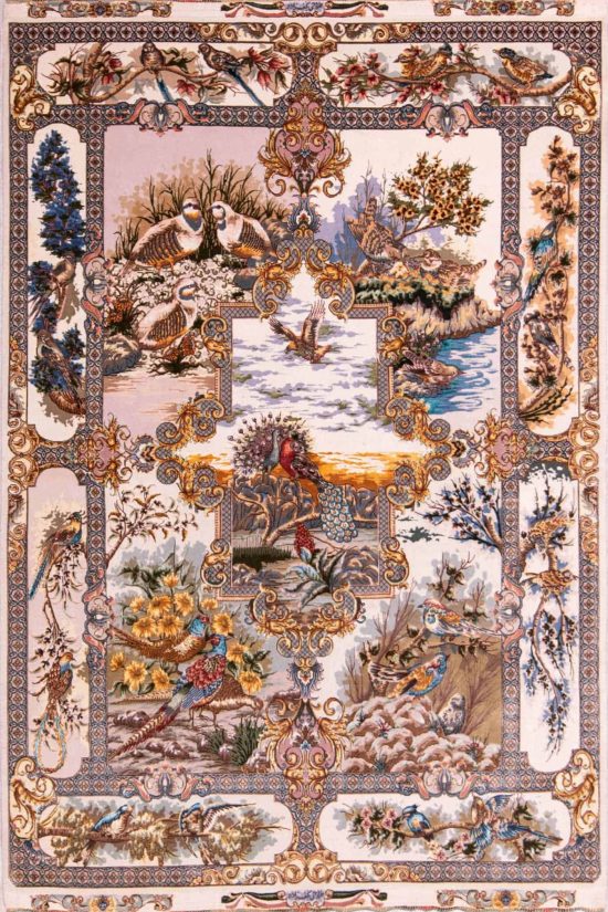 Handmade Persian Tabriz multicolor wool and silk scenic rug with pheasant and peacock. Size 5.2x7.3.