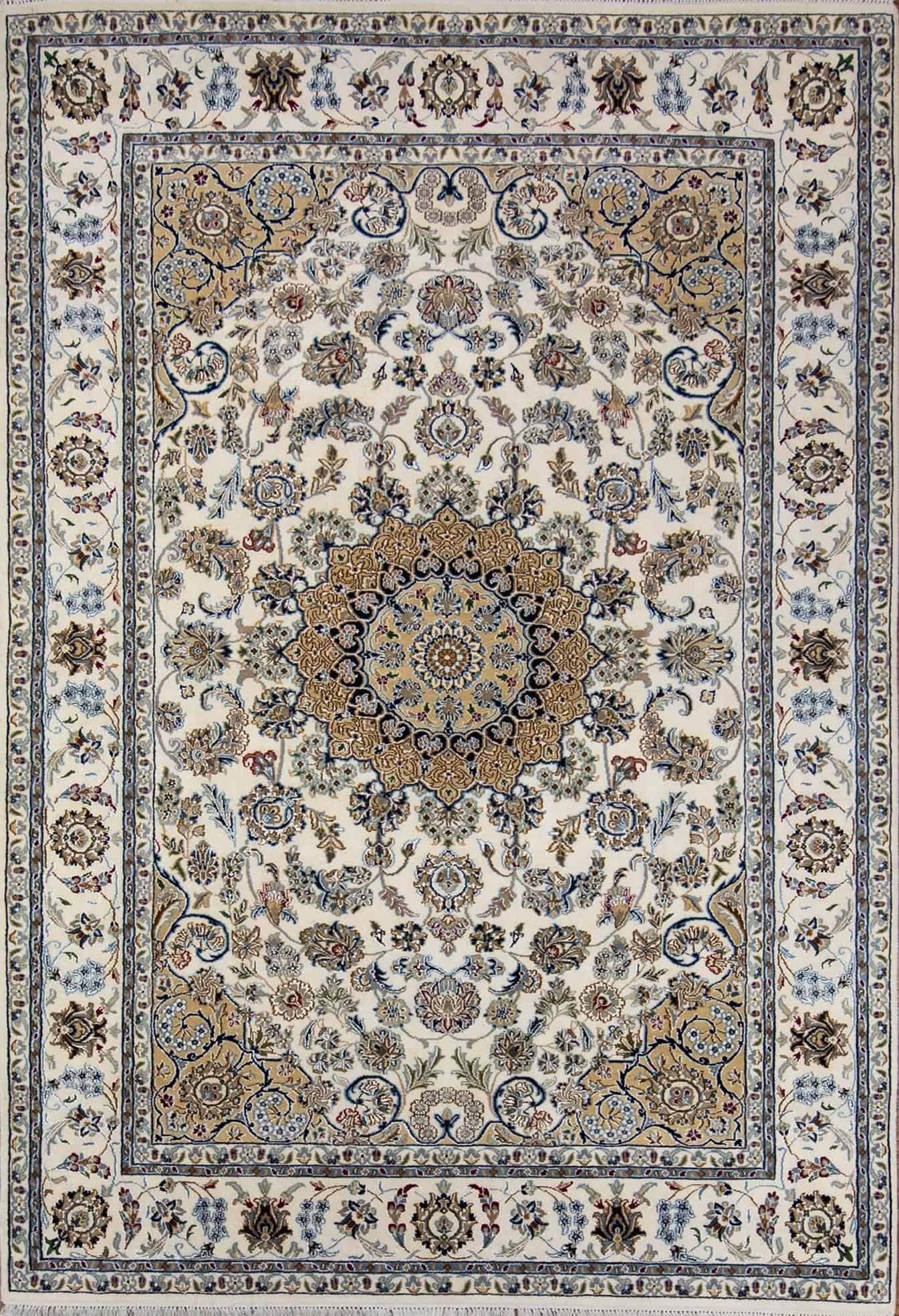 Hand knotted wool area rug floral design in beige color. Rug size 6.1x9.3.