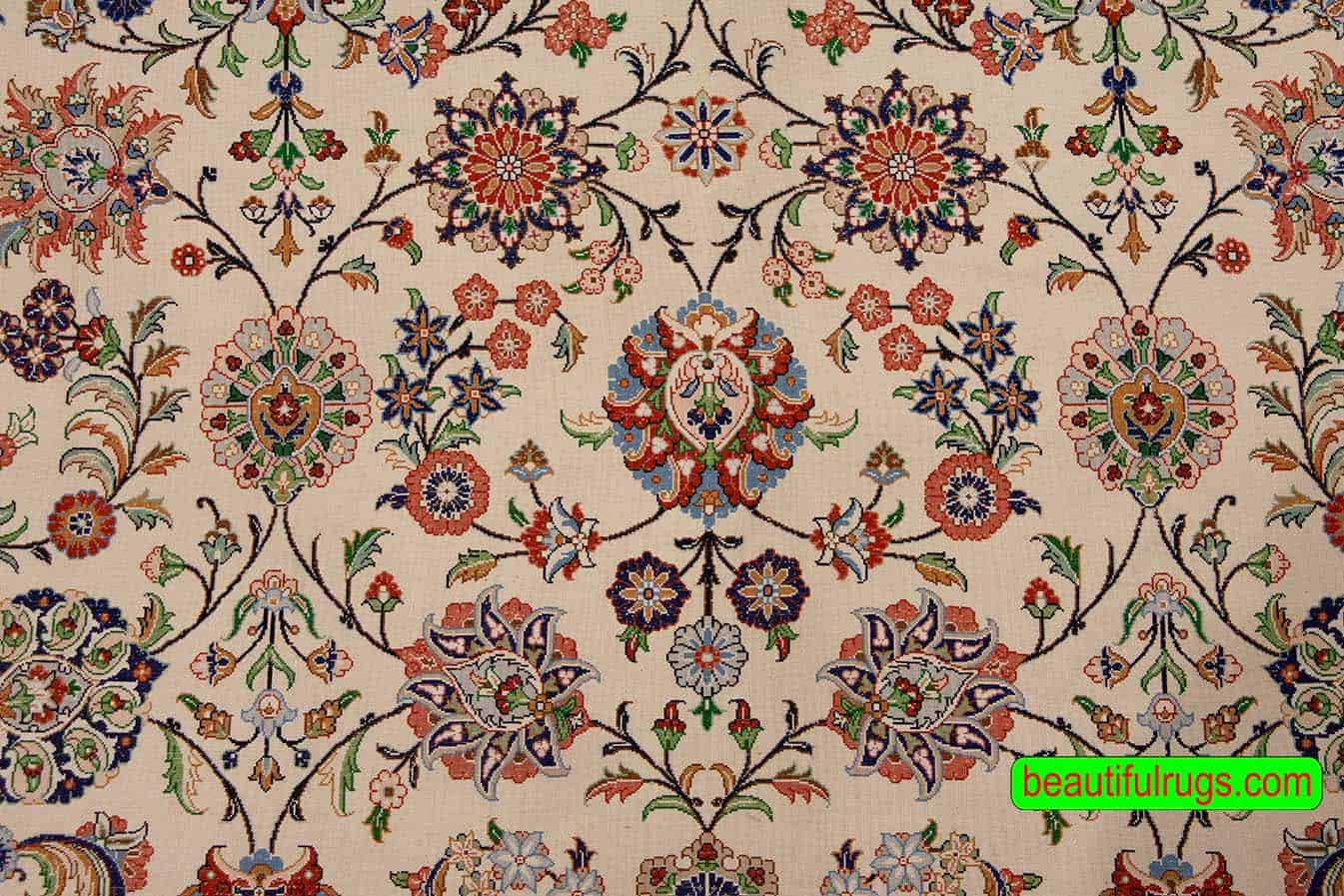 Handmade pure silk Ghom carpet from Iran, floral all-over design in beige color. Size 4.10x7.4.