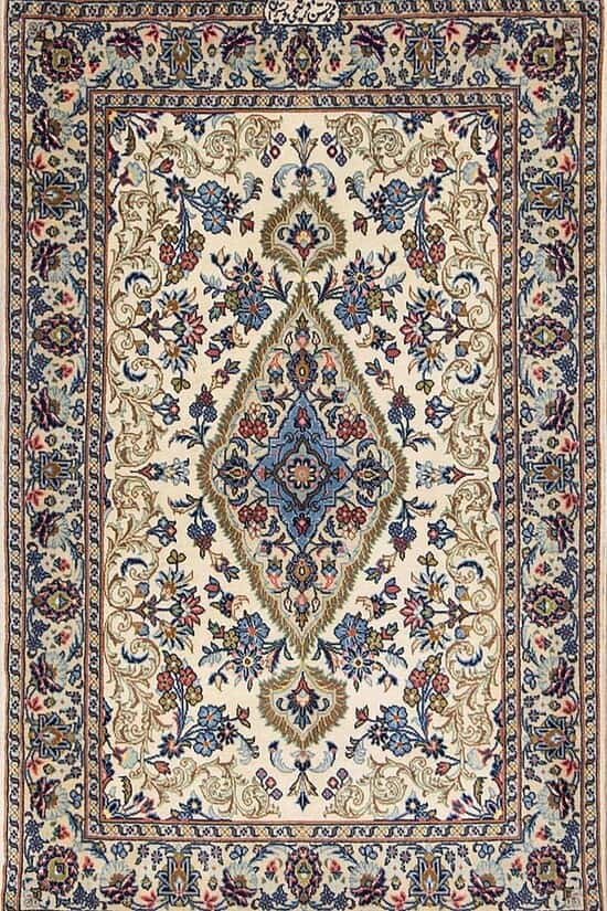 White color handmade Persian Kashan area rug, floral wool area rug. Rug size 3.4x5.1.
