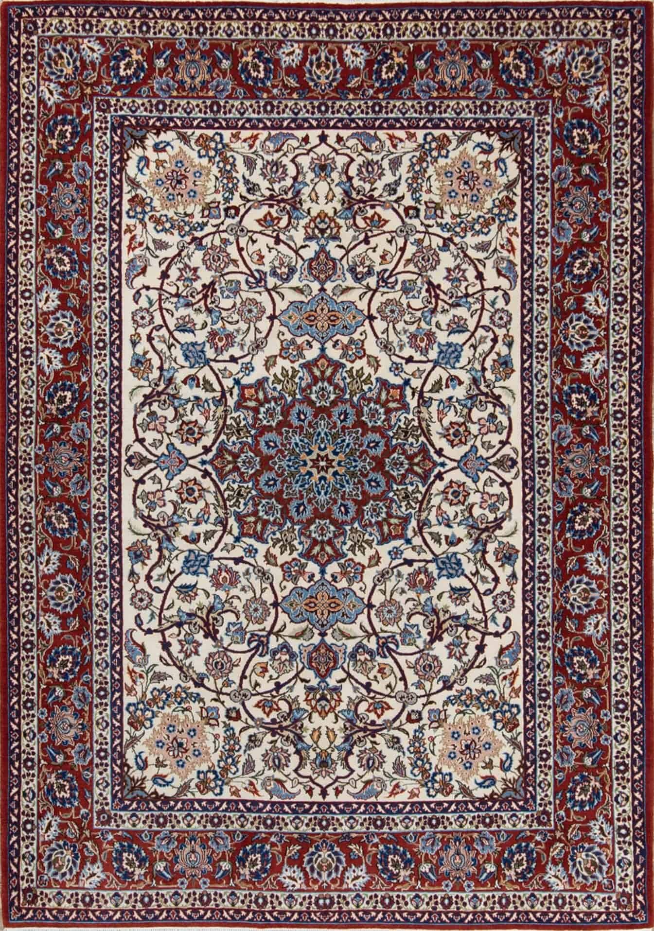 Authentic handmade antique Persian Isfahan Wool rug with beige and red colors. Rug size 5x7.