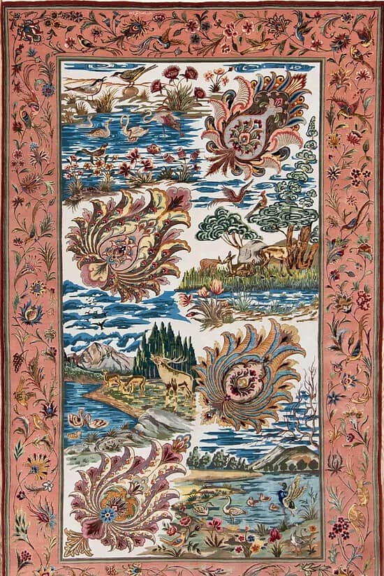 A hand-woven multicolor masterpiece Persian Tabriz rug featuring a nature scene with birds and animals. Size 5x8.5.