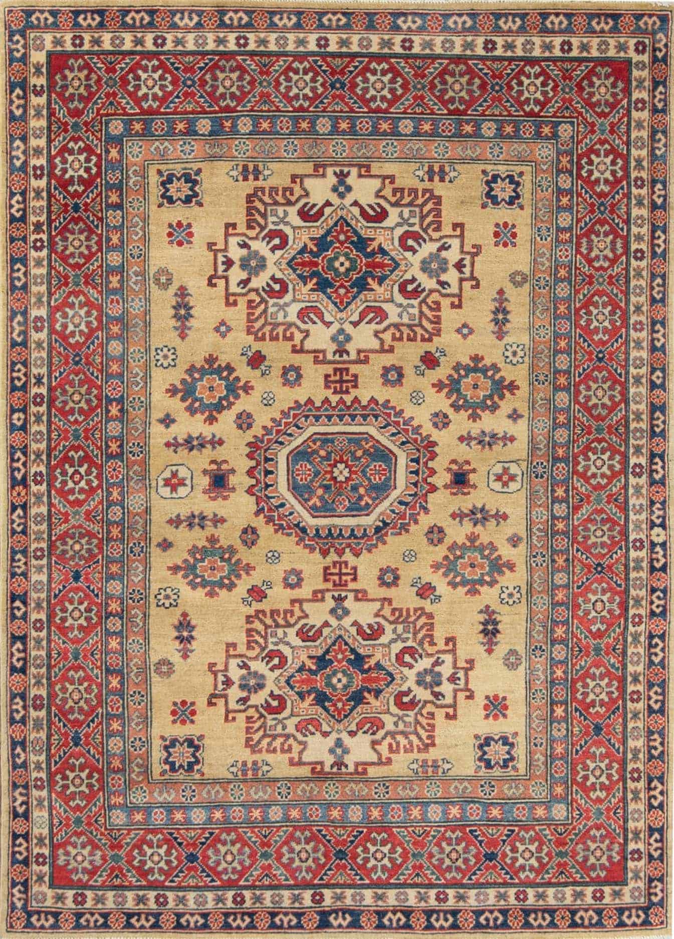Handmade oriental rug Kazak style with Caucasian motifs in chartreuse color. Rug size 4.10x6.10.