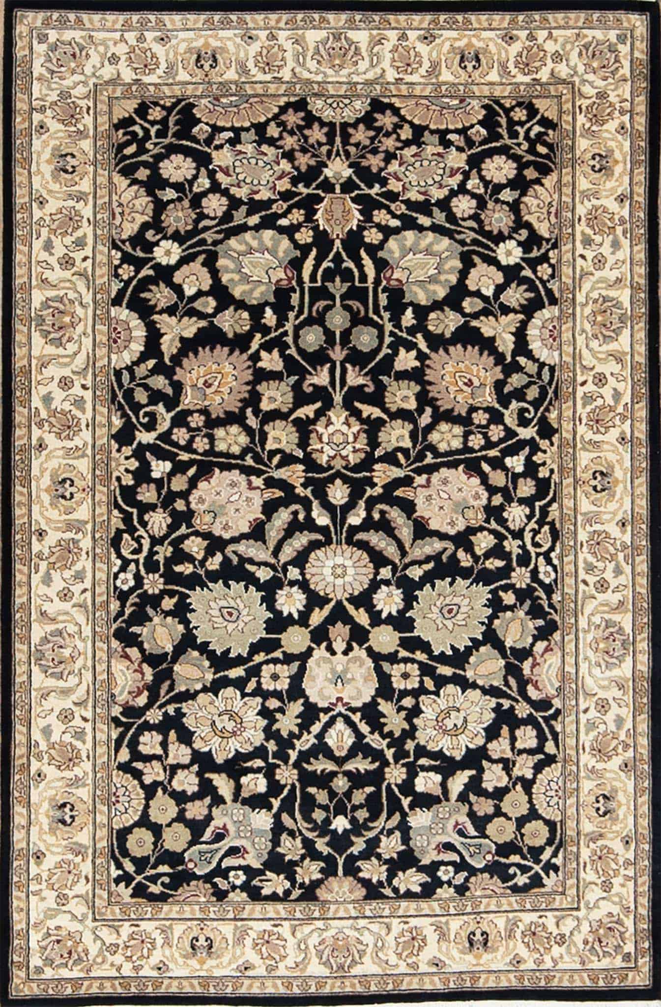Natural fiber rug, handmade floral Kashan design oriental rug made of wool in black color. Rug size 3.1x5.2.