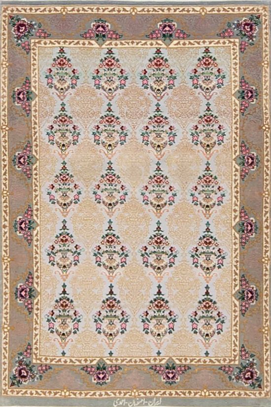 Hand woven floral Persian Isfahan rug, multicolored all-over design rug. Size 2.9x4.6.