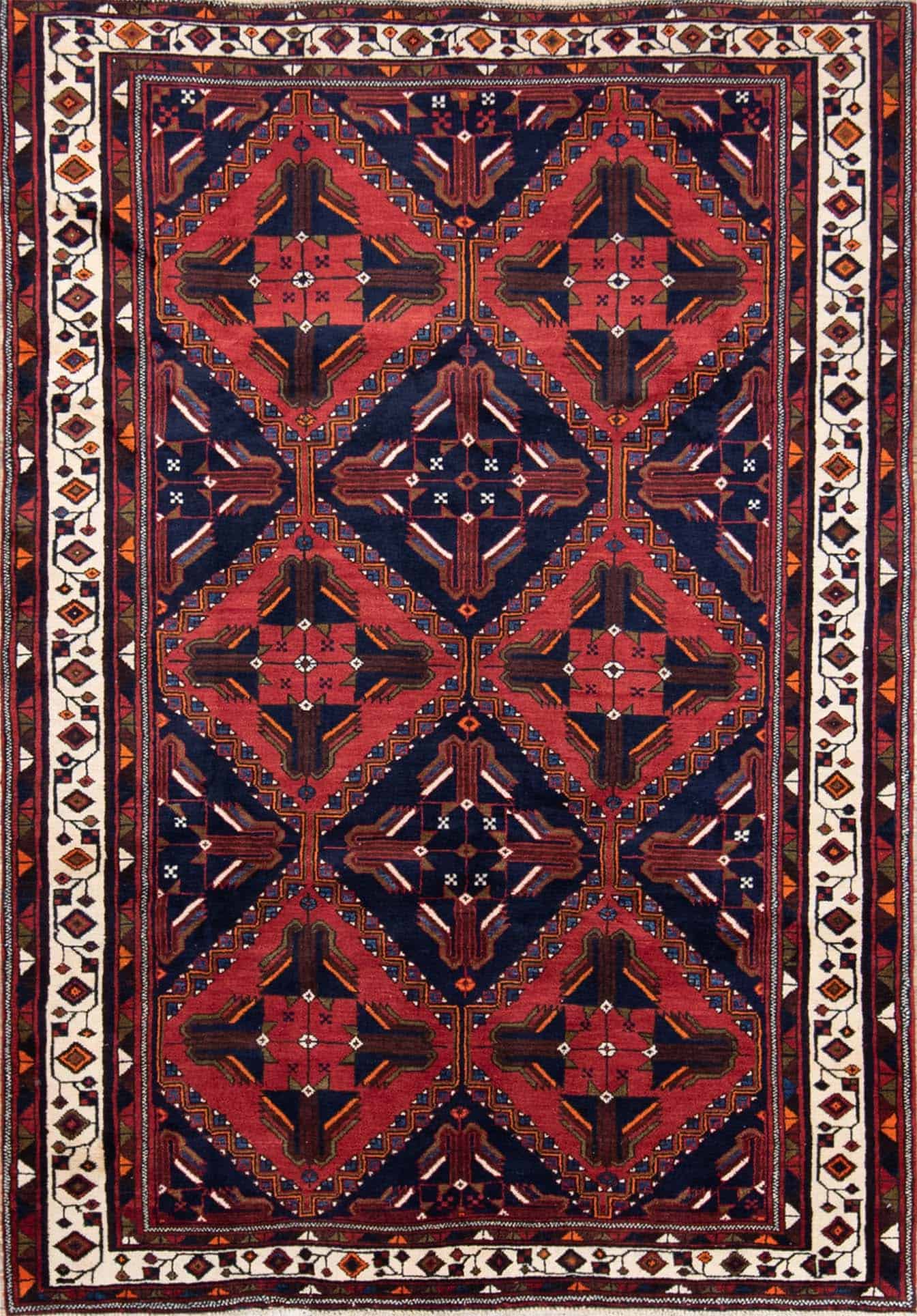 Geometric Persian carpet. Hand knotted Persian Shiraz carpet in red and navy blue colors. Rug size 4.10x7.9.
