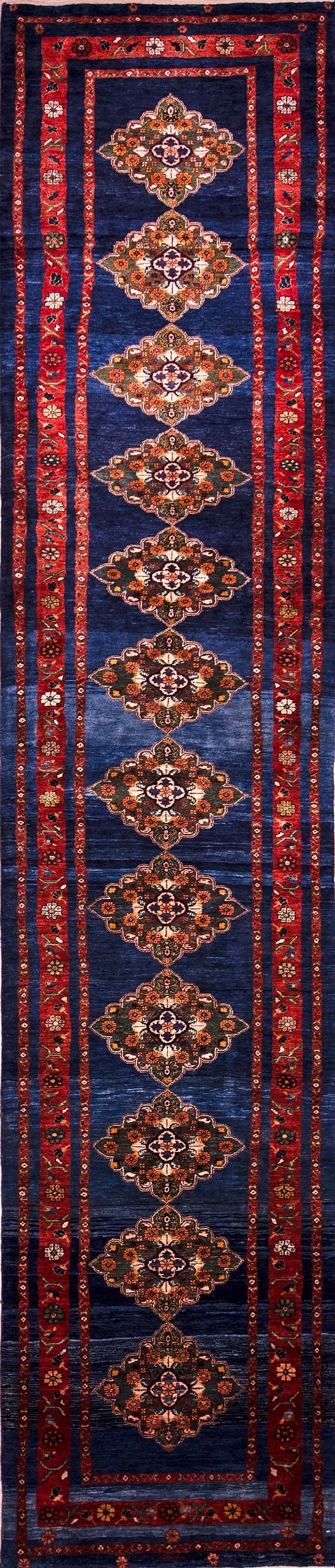 Beautiful Persian Gabbeh runner, vegetable dye in navy blue and rust color. Size 3x15.10.