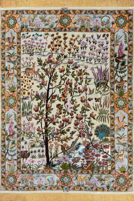 Persian rugs, handmade Persian Tabriz silk rug, multicolor, with birds and animals. Size 5x6.7.
