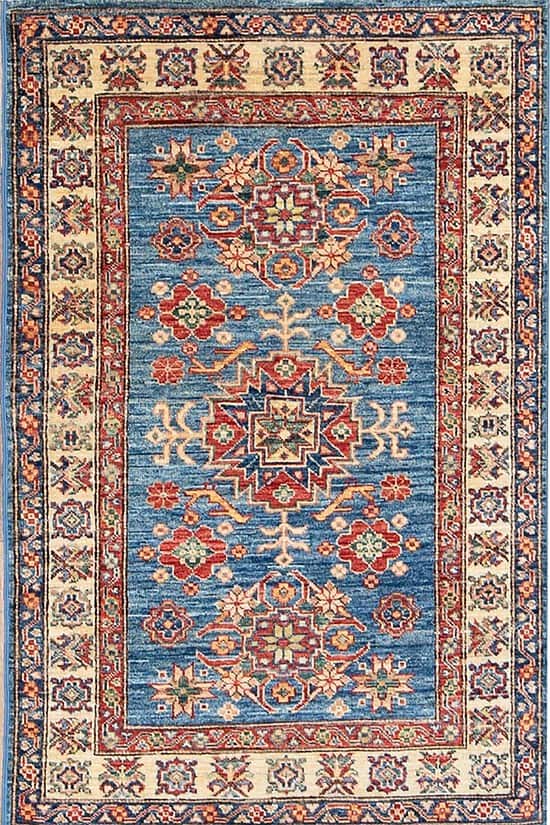 Blue oriental rug, hand woven Wool super Kazak quality oriental rug in geometric style. Size 3x4.6.