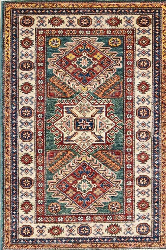 Handmade geometric style super Kazak wool rug in green color. Size 3x4.4.