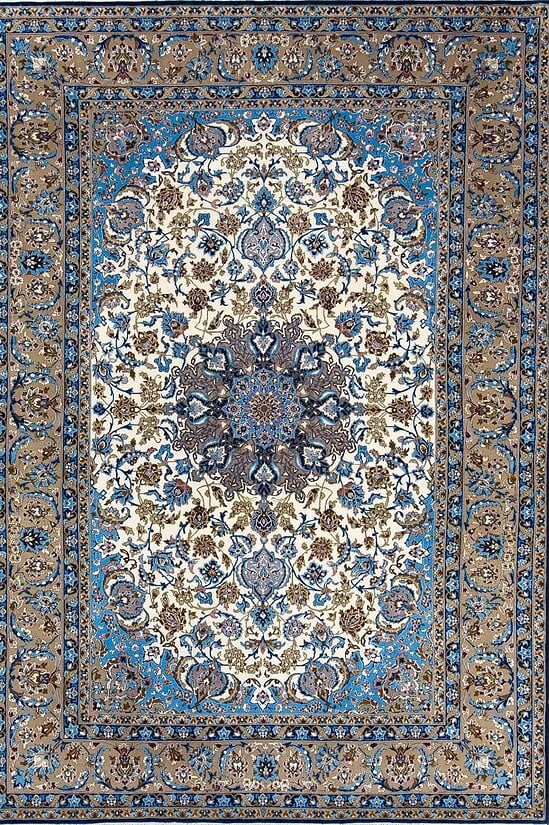 Best rugs. Beautiful Persian Isfahan rug made of the finest quality Japanese kork wool and silk with beige and blue colors. Size 5.4x7.4.