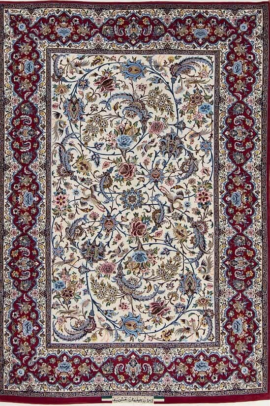 Best area rugs for living. Hand-woven Persian Isfahan floral rug with beige and burgundy red colors. Size 4.8x7.