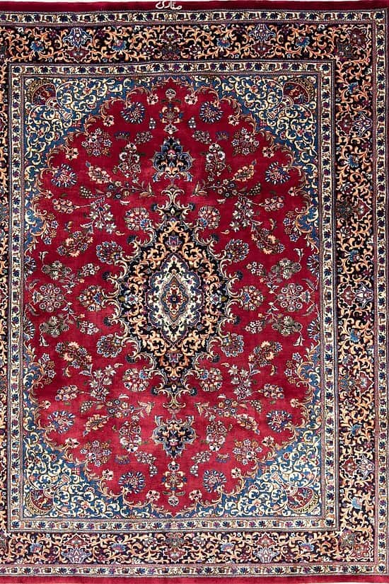 Persian style area rugs. Hand knotted wool Persian Sarouk rug area rug in red color made of wool. Size 8.3x10.9.
