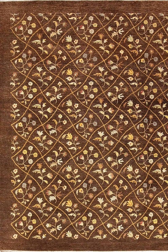 8x10 oriental rug, unique handmade wool floral modern rug in brown color. Size 8x10.