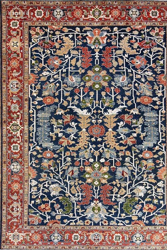 Large living room rugs, handmade wool oriental rug with blue and terracotta colors. Size 9.2x11.10.