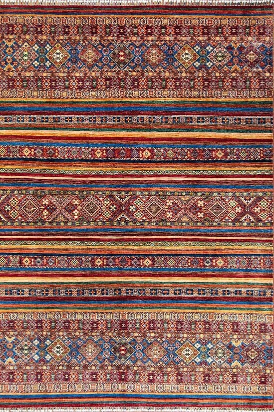 Handmade Afghan tribal area rug style with stripes, multicolor and made of wool. Size 9.3x11.10.