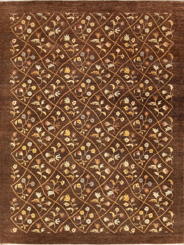 8x10 oriental rug, unique handmade wool floral modern rug in brown color. Size 8x10.