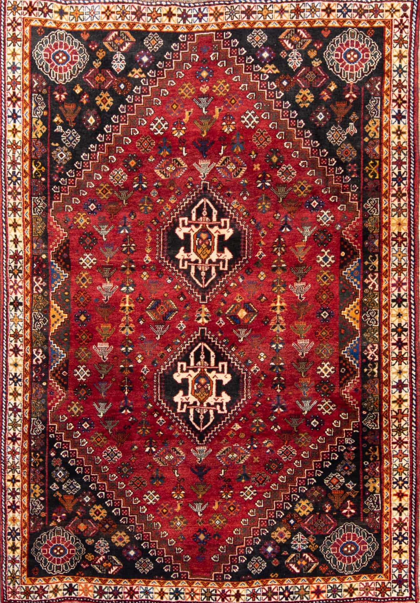 Handmade Persian red rug, geometric style Persian Shiraz wool rug. Size 5.7x8.5.