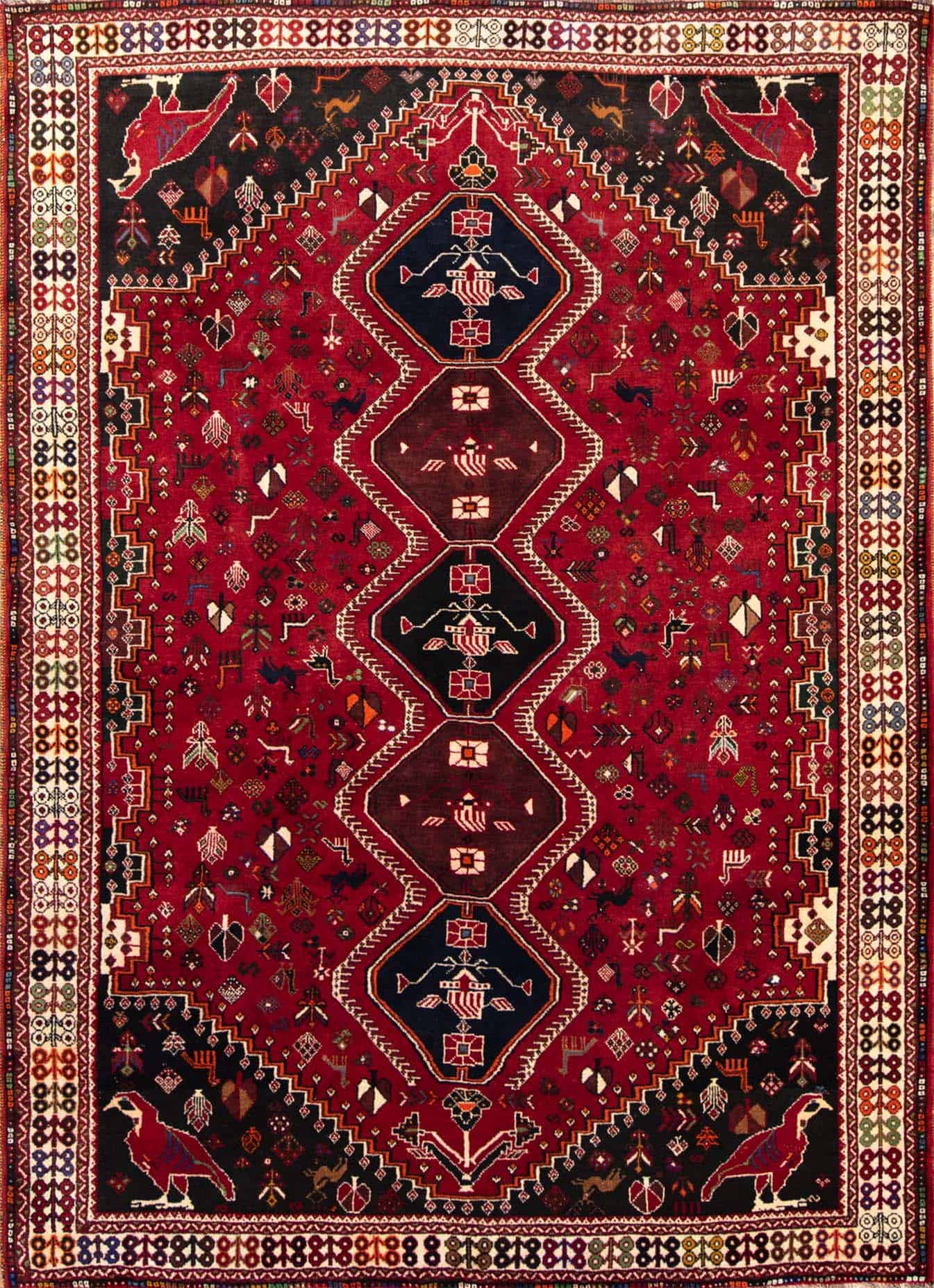 Thick area rug. Handmade southwestern design wool Persian Shiraz area rug in red color. Size 7.6x10.4.