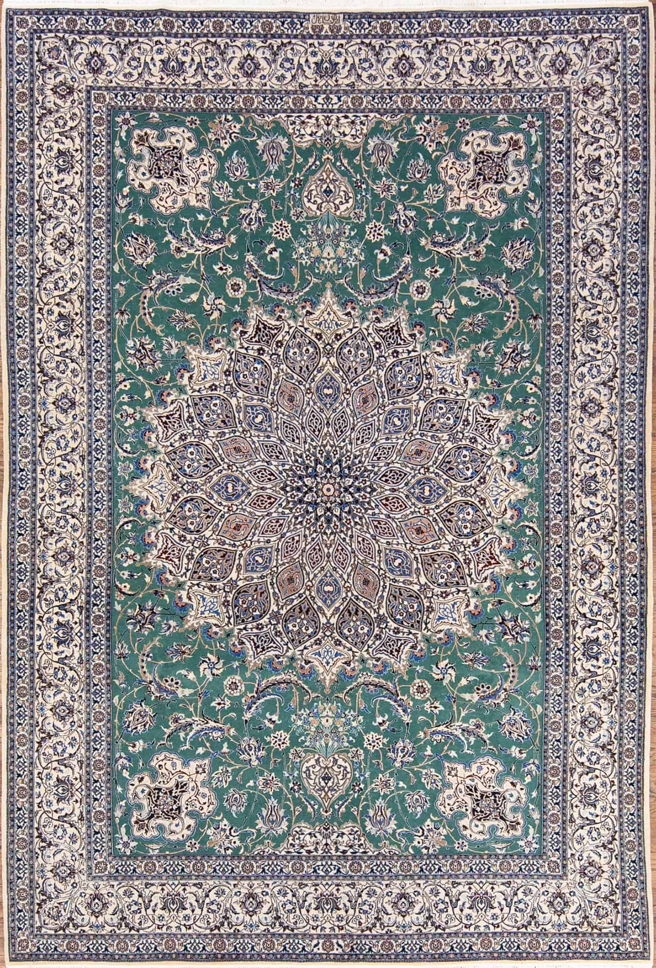 Persian Nain rug. Hand knotted Habibian Nain wool and silk rug in green color with 625 KPSI. Size 6.9x10.