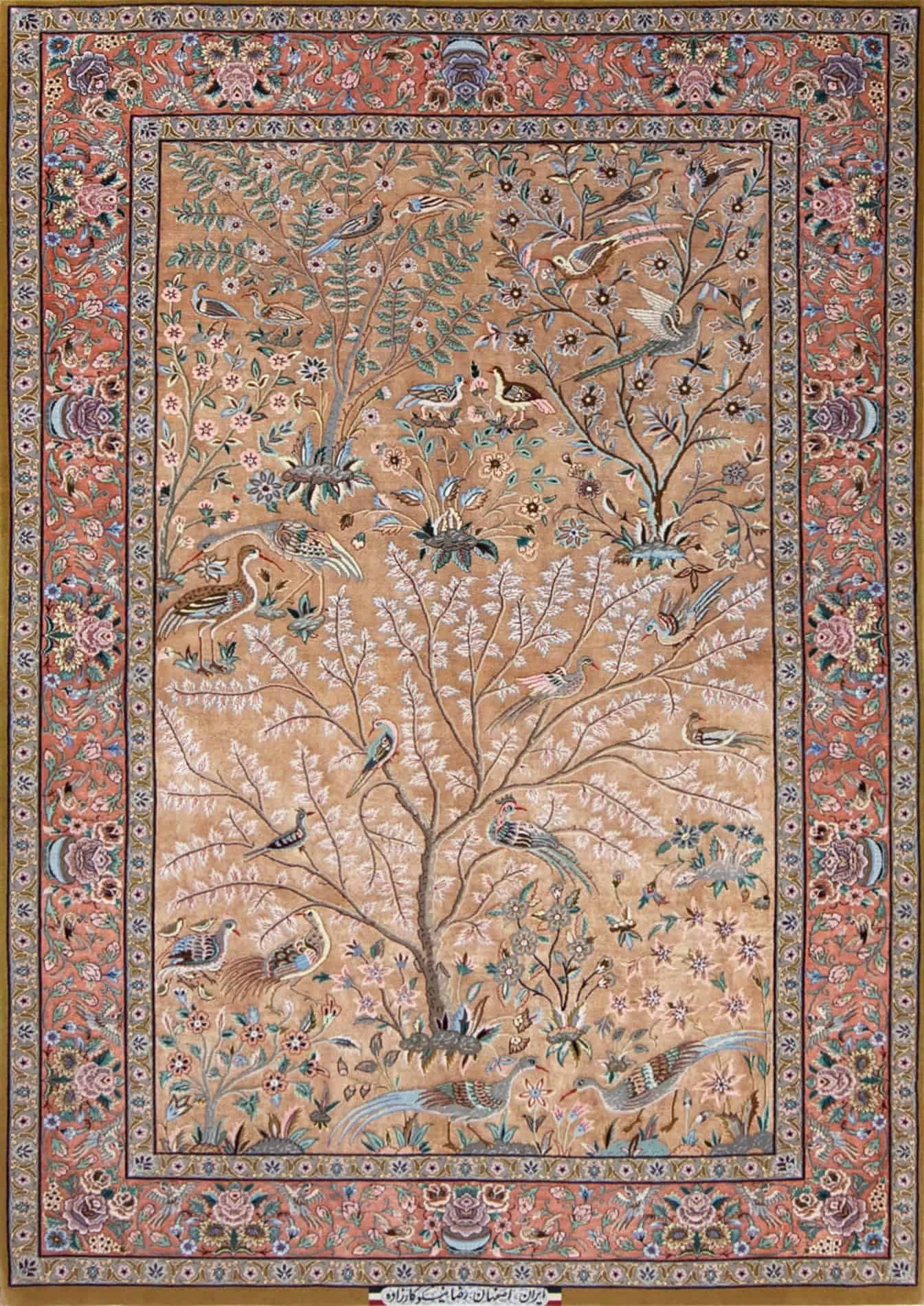 Hand Knotted Persian Isfahan Silk Rug, Silk Tree of Life Rug, Gold & Copper Color Rug, size 4.10x7.2