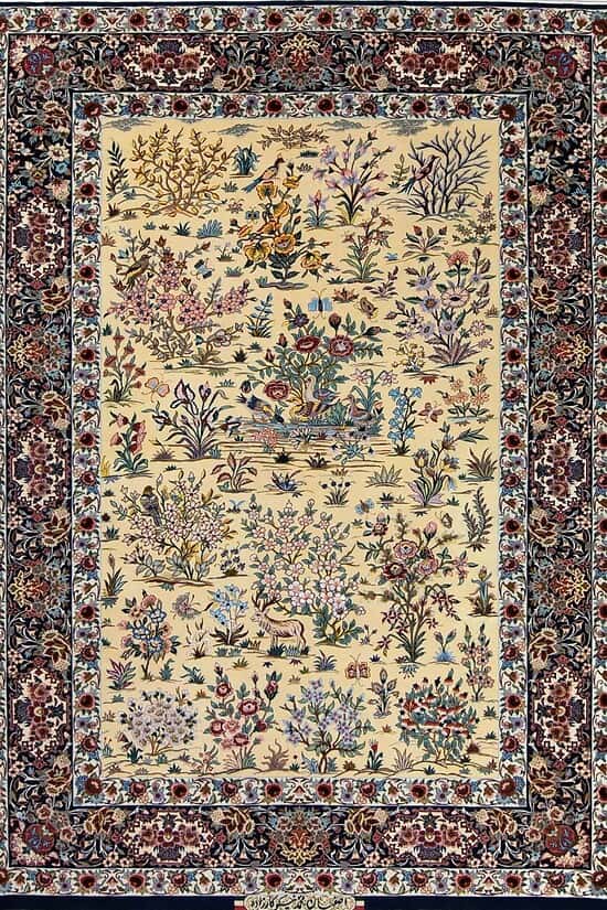 Rugs for small living room, hand woven Persian Isfahan rug with birds and animals in Yellow and navy blue colors. Size 5.4x7.10.