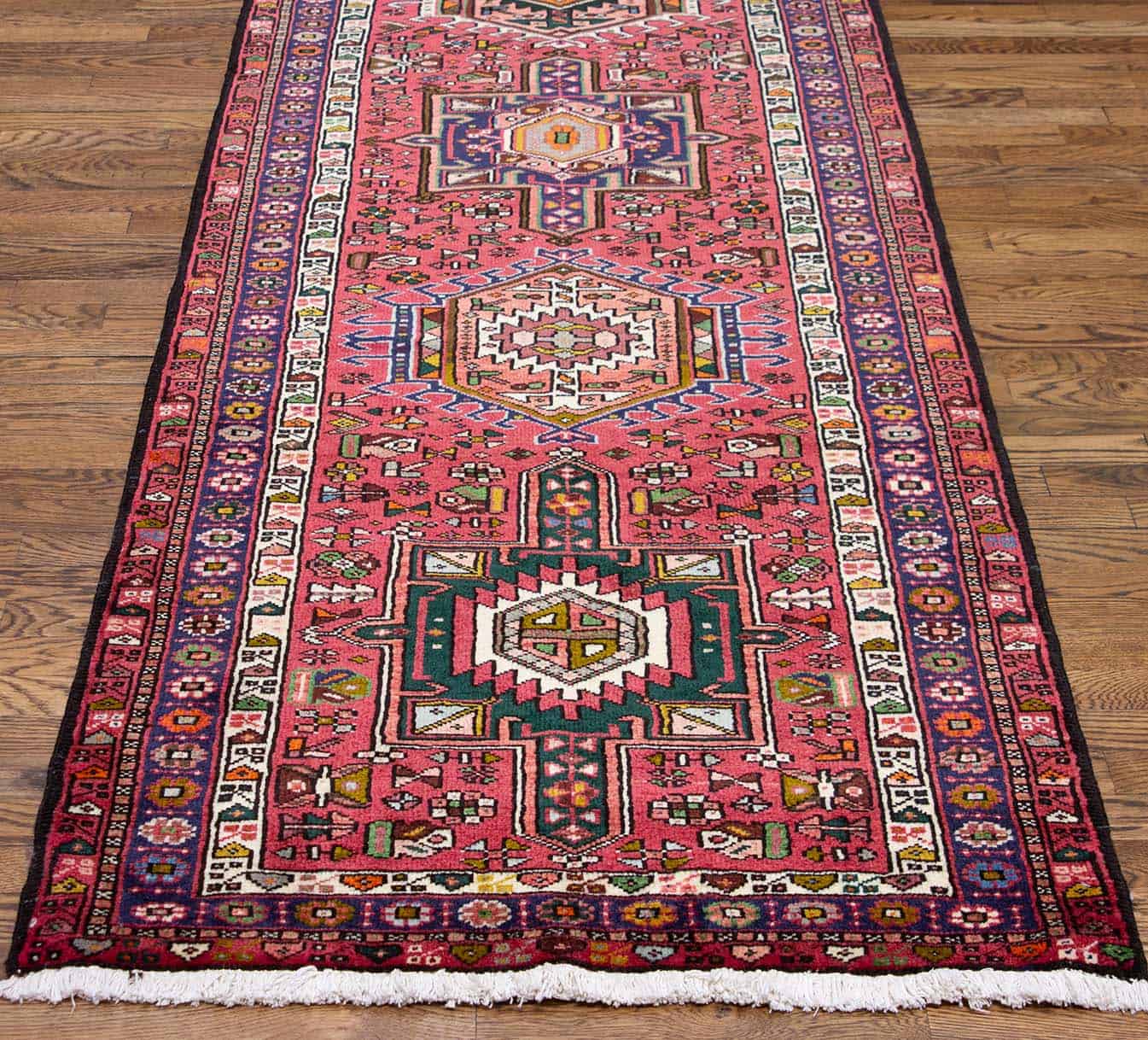 Long and wide hallway runner rug. Handmade geometric Persian Karajeh runner in red color. Size 3.5x13.