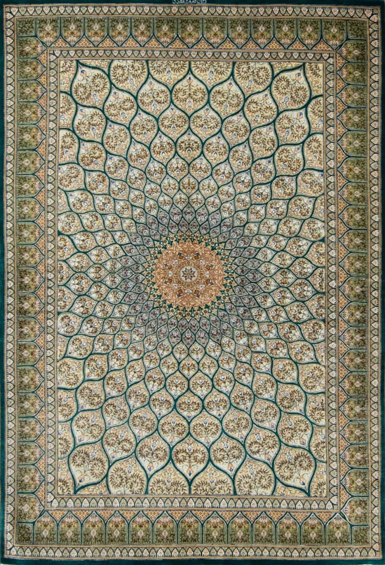 Silk Persian Rug with Green Mosque Design