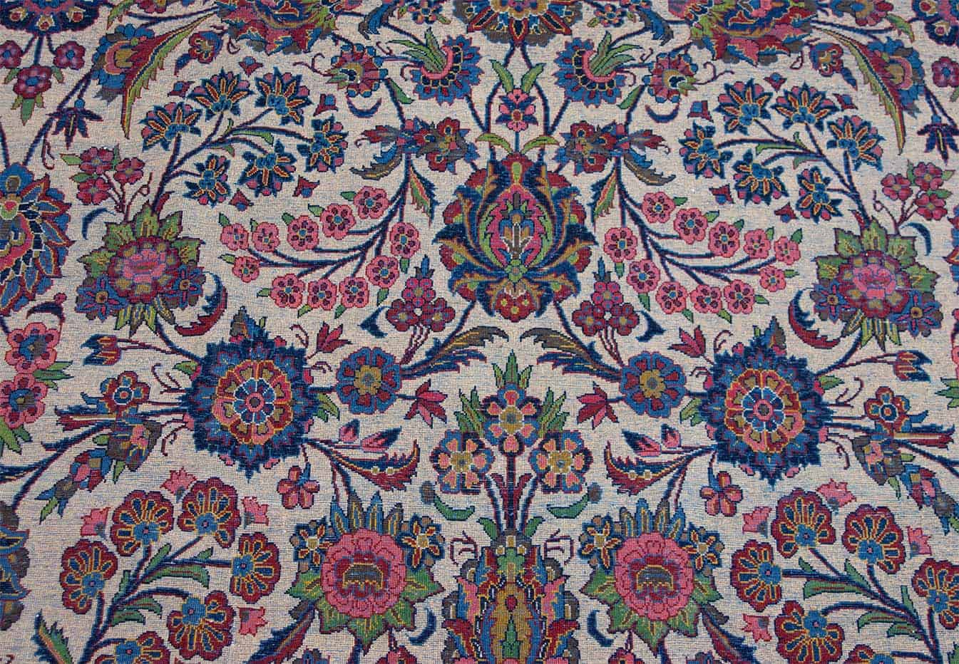 9x12 rug. Handmade Antique Persian Kashan rug, floral allover design in beige color.