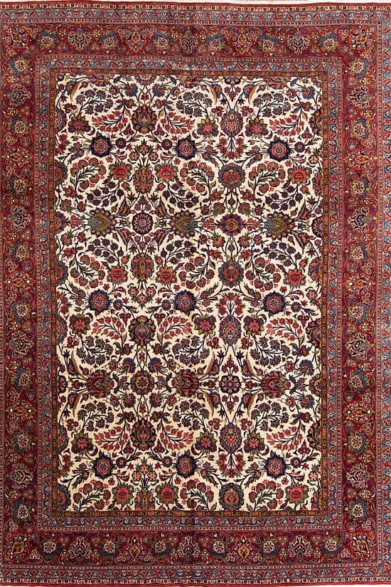 9x12 rug. Handmade Antique Persian Kashan rug, floral allover design in beige color.