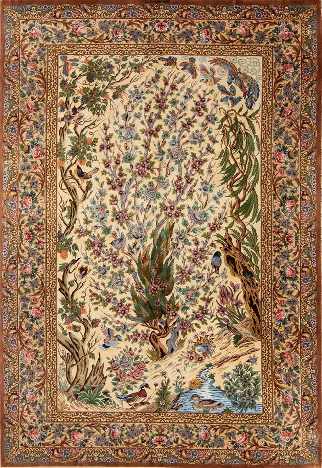 Weeping willow tree of life rug, handmade Persian Qum silk rug. Size 4.7x7.