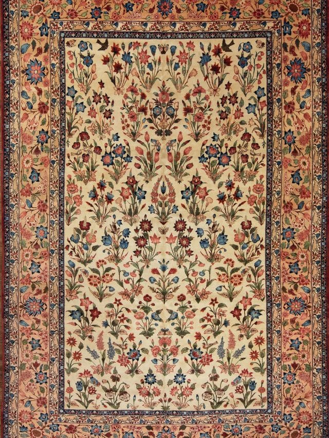 Beautiful floral Persian Najaf Abad rug in Rose and Nightingale design in beige and salmon colors made of wool. size 10.3x16.10.