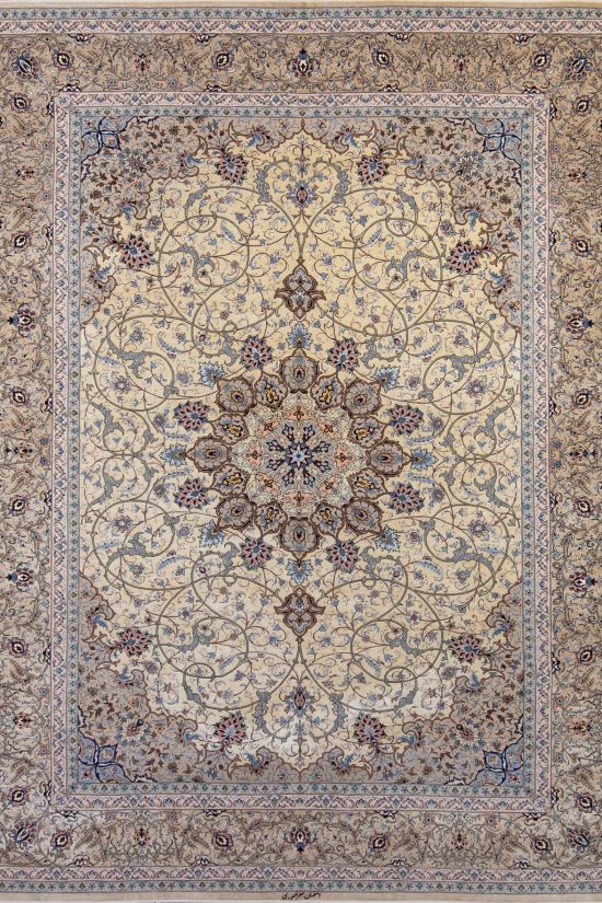 Isfahan silk rug Handmade Persian rug with gold and taupe colors. Size 8.6x12.2