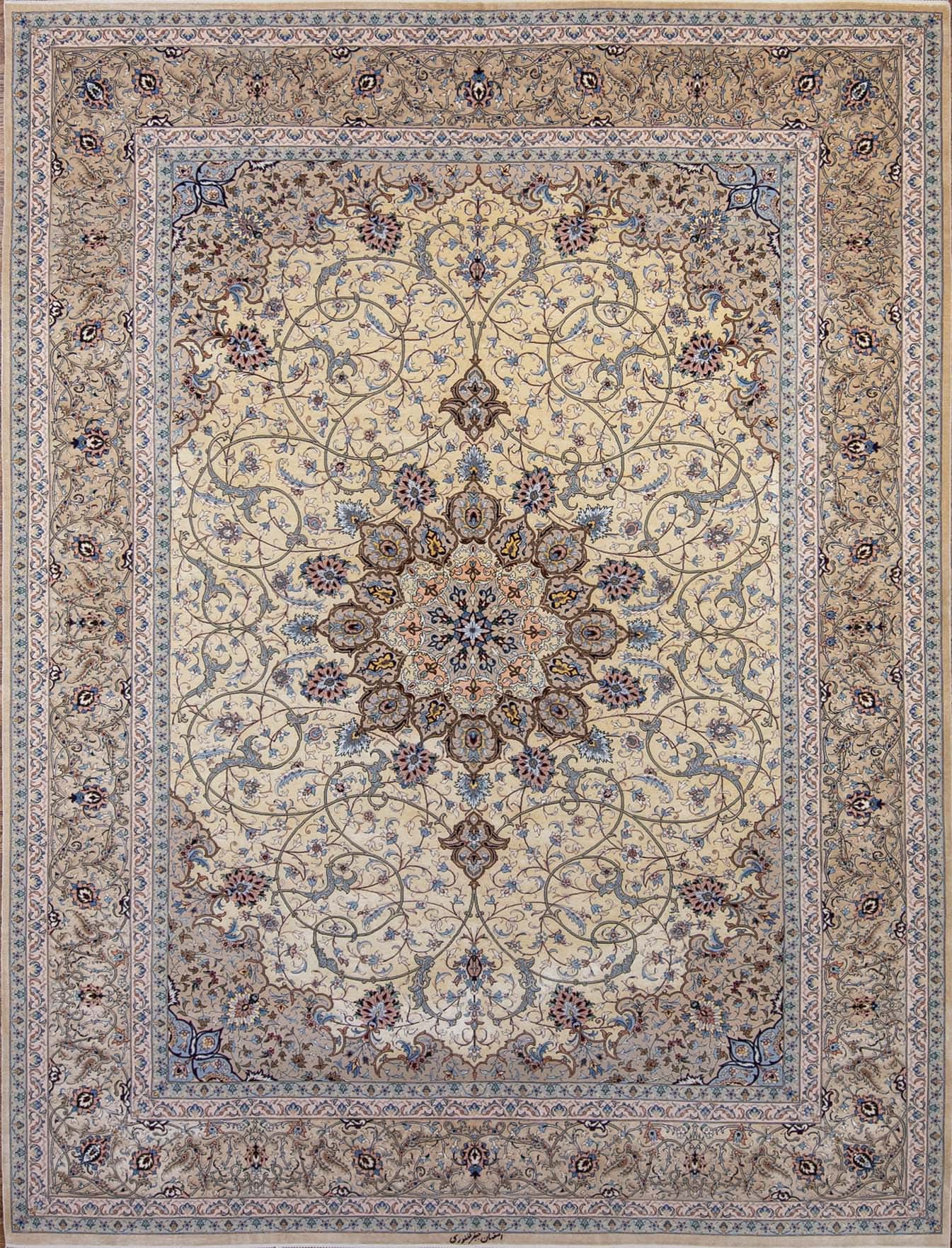 Isfahan silk rug Handmade Persian rug with gold and taupe colors. Size 8.6x12.2