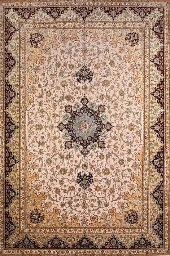 Luxury fine Persian rug. A beautiful hand knotted authentic Persian Isfahan rug made of kork wool and silk in beige, gold, and maroon colors. Size 11.9x17.