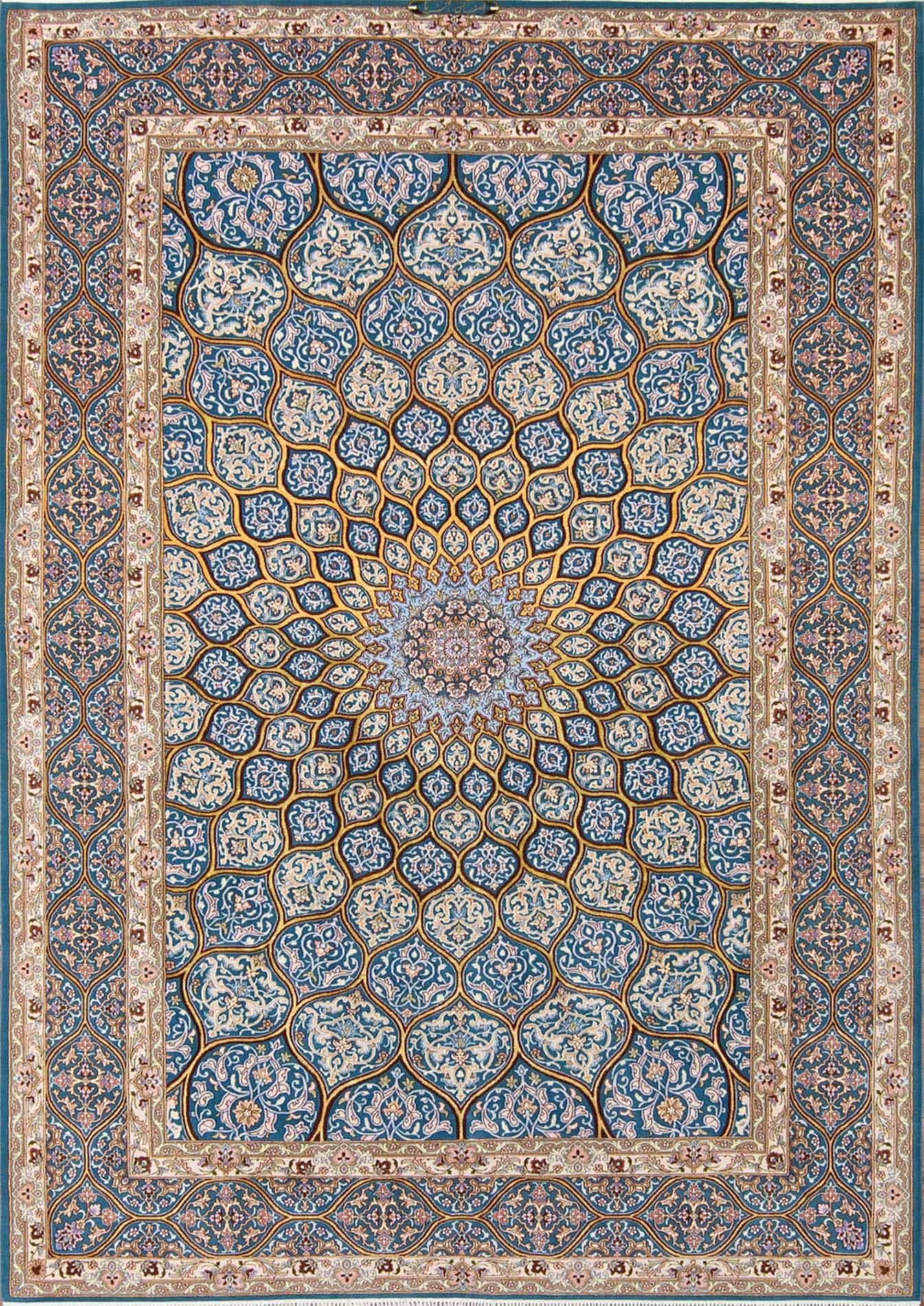 7x10 blue and gold Persian rug. Handmade Persian Isfahan rug with dome design.