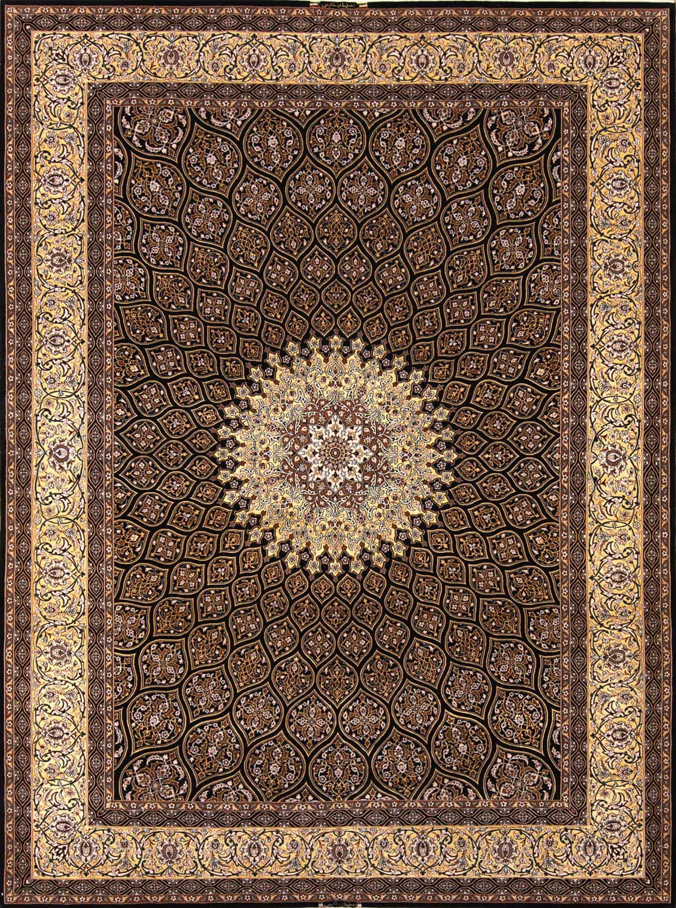 Hand woven Persian Isfahan medallion rug in black and gold colors. Size 8.3x11.8.