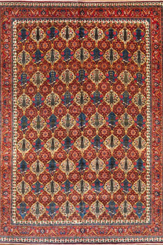 Vintage Bakhtiari rug. Multicolor handmade Persian rug with pine trees. Size 10x13.7.